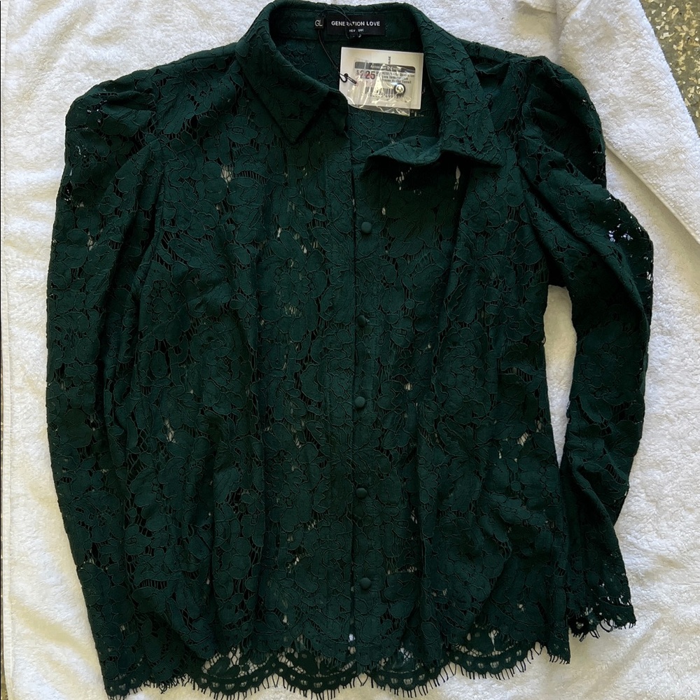 NWT Green Lace Button-Up Blouse by Generation Love XS
